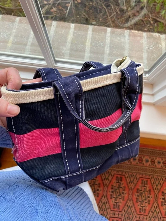 L.L. Bean 90s Vintage Mini Boat & Tote Canvas Pink & Navy Stripe Bag Made in USA - Picture 10 of 10